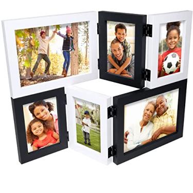 Imagem de EXCELLO GLOBAL PRODUCTS Folding Wooden Collage Photo Frame, Holds 3x5 and 5x7 Photos, Desk Stand or Wall Mount, Black and White
