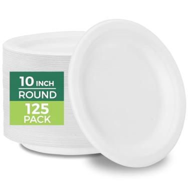 Imagem de Freshware Pratos de papel – Prato descartável de 25,4 cm, pacote com 125 pratos de jantar biodegradáveis de fibra de cana de açúcar – Louça resistente para comida quente – Segura para micro-ondas e
