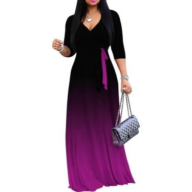 Imagem de Vestido maxi PinkPatty Gradient com decote em V, mangas 3/4, cinto, 3G