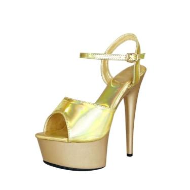 Imagem de Baffoloo Sandálias femininas plataforma salto agulha tira no tornozelo Peep Toe, Holográfico dourado, 35