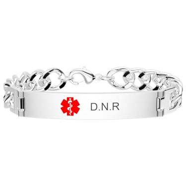 Imagem de Pulseira de alerta médico para mulheres e homens, pulseiras de aço inoxidável com identificação de alerta médico para diabéticos 1/2 D.N.R marcapasso epilepsia, 9in, Aço inoxidável, Sem Pedra Preciosa