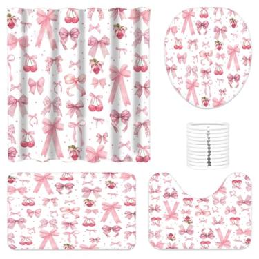 Imagem de Conjunto de 4 peças de cortinas de chuveiro fofas para banheiro, kit multifuncional para hotel, apartamento, dormitório, trailer, trailer (rosa, laço de frutas)
