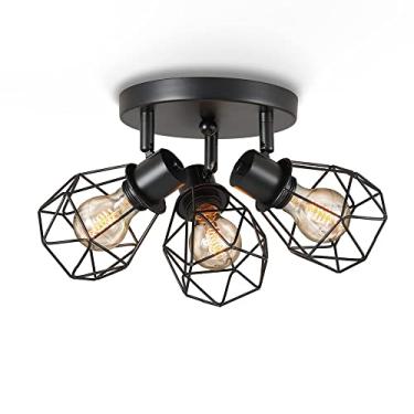 Imagem de YQSLQZZ Luz de teto industrial preta com persiana de gaiola de metal semi embutida com direção de iluminação ajustável, lustre de 3 luzes, para sala de estar, corredor, banheiro