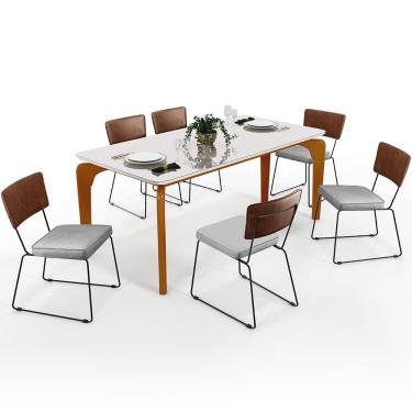 Imagem de Mesa Capri 160cm Off White Com 6 Cadeiras Allana B05 Couríssimo Marrom Linho Cinza - Lyam Decor
