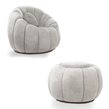 Imagem de Poltrona Decorativa Orgânica Giratória com Puff Cloud Bouclê Cinza Claro E03 - D'Rossi