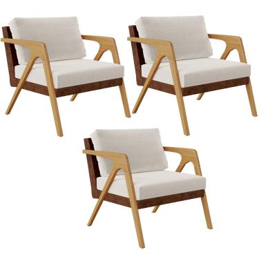 Imagem de Kit 03 Poltronas Decorativas Para Sala De Estar Pietra L02 Couríssimo Marrom Linho Cru - Lyam Decor