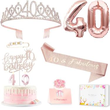 Imagem de Awfrky Decorações Femininas para Aniversário de 40 Anos: Faixa de Rainha com Alfinete de Pérola, Coroa de Tiara de Strass, Topo de Bolo de Feliz Aniversário, Vela e Balão Numéricos, Ouro Rosa