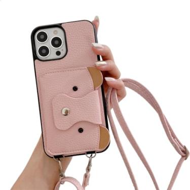 Imagem de Capa carteira crossbody com cordão para iPhone 14 13 12 Mini 11 Pro XS Max X 8 7 Plus com capa de couro com suporte para cartão, rosa, para iPhone 7Plus (8Plus)