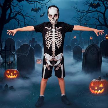 Imagem de Fantasia de Halloween Esqueleto Infantil Macacão Curto Caveira Estampada (Preto, G 5-6)