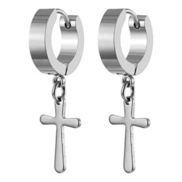 Imagem de Brinco Argola Cruz Clássico Com Furo Banhado A Prata Unissex