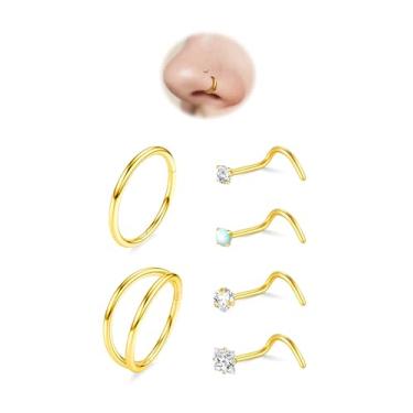 Imagem de 6 peças de anéis de nariz de 18 g com argola dupla e 20 g para mulheres e homens, hipoalergênico, aço 316L, clique/saca-rolhas, narina, hélice de septo/piercing de cartilagem