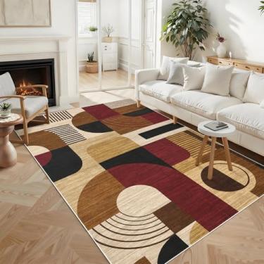 Imagem de CAROMIO Tapete para sala de estar, geométrico, grande, lavável, para quarto, sala de jantar, macio, antiderrapante, para sala de jogos, dormitório, bordô/marrom, multi, 1,88 x 2,5 m