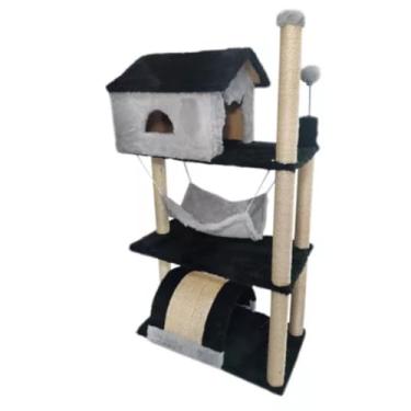Imagem de Arranhador Para Gatos 3 Andares Com Casinha Rede Poste Toca Brinquedo Antiestresse (CINZA COM PRETO)