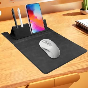 Imagem de Mouse pad portátil, mouse pad de couro para laptop com suporte para telefone e caneta, mouse pad de viagem para mouse sem fio, tapete de mesa dobrável para laptop para casa/escola/escritório (preto)