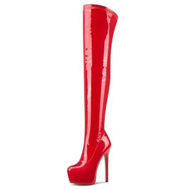 Imagem de Aachcol Botas stiletto de couro envernizado acima do joelho, plataforma até a coxa, bico redondo, zíper lateral, vestido sexy, salto alto 14 cm, Vermelho, 35