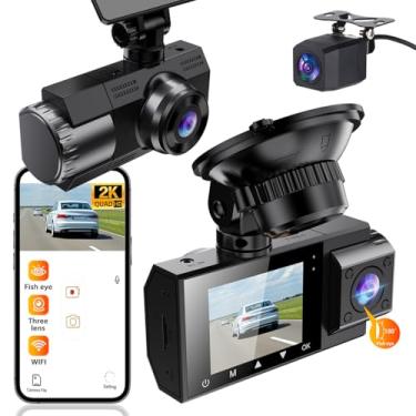 Imagem de Câmera veicular de 3 canais 2K para carros, câmera grande angular com efeito olho de peixe, gravador de vídeo frontal interno traseiro, Wi-Fi integrado com rastreador GPS DVR de carro, monitor de