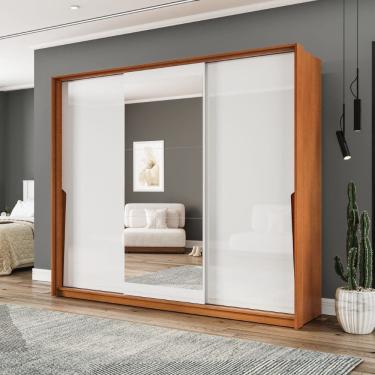 Imagem de Guarda Roupa Roupeiro 3 Portas de Correr 4 Gavetas com Espelho Porto Freijó Branco Politorno Móveis