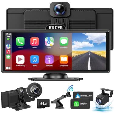 Imagem de Tela sem fio Apple Carplay para carro com câmera de painel 4K, portátil Apple Carplay de 26.1 cm e Android Auto, HD Touchscren com câmera de backup 1080p, controle de voz/link espelhado/navegação GPS