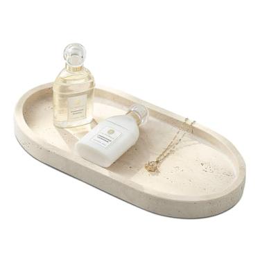 Imagem de XINFUHUA Bandeja de travertino natural, bandejas para organizador de bancada de banheiro, bandeja decorativa de mármore para balcão de cozinha (bege, 25 cm)