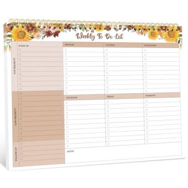 Imagem de Bloco de notas semanal com 52 folhas sem data (21 x 28 cm) - agenda semanal de mesa para mulheres e homens, trabalho e casa - girassol dourado