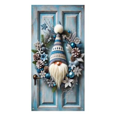 Imagem de BlissYard Capa de porta de guirlanda de feliz Natal de gnomo azul, faixa decorativa de Natal com flocos de neve, pinhas e ornamentos azuis para decoração de inverno interna e externa