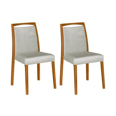 Imagem de Kit 2 Cadeiras De Jantar Luxo Estofadas Jade Linho Cinza Base Madeira Maciça Mel