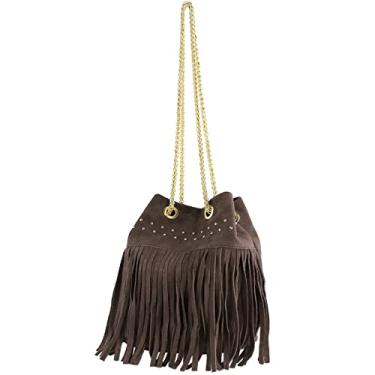 Imagem de modamoda de Bolsa de ombro feminina T244 camurça com franjas e corrente dourada feita à mão na Itália, Chocolate escuro, Small