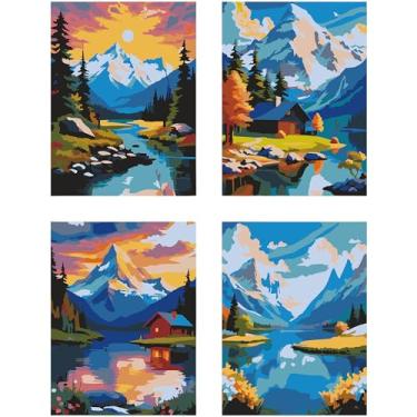 Imagem de Huacan Kits de pintura por números para adultos, iniciantes, 4 peças sem moldura, faça você mesmo, desenho de paisagem em tela, kit de pintura acrílica feito à mão com 8 pincéis 30 x 40 cm