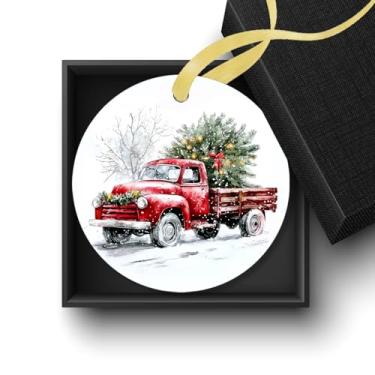 Imagem de Welshower Enfeites de caminhão vermelho de Natal de inverno, enfeites de Natal para árvore, captador de árvore de Natal para casa de fazenda, enfeites decorativos de cerâmica para pendurar