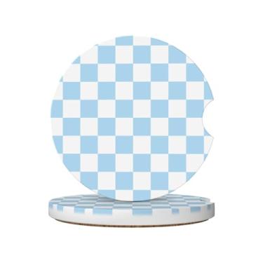 Imagem de Porta-copos de carro xadrez azul e branco para porta-copos, pacote com 2 porta-copos de carro para carro, porta-copos de carro absorvente de cerâmica com entalhe de dedo e base de cortiça, acessórios