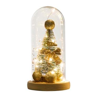 Imagem de Árvore de Natal de LED em cúpula transparente - Mini árvore de Natal criativa para decoração de mesa, exclusiva, romântica para festa de Natal em família (ouro)