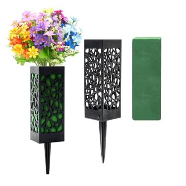 Imagem de Vasos de cemitério com espigas e espuma floral, suportes de flores de túmulo de plástico com orifícios de drenagem, decorações de cemitério ao ar livre para marcadores de túmulos, lápides, funerais de