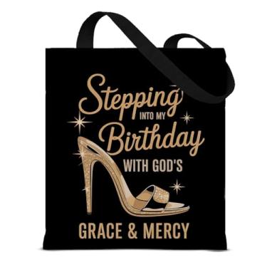 Imagem de QYCFDXD Stepping into My Birthday Sacola de lona presentes cristãos para mulheres e meninas, versículo bíblico religioso, reutilizável, bolsa de ombro para aniversário