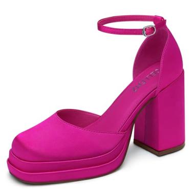 Imagem de CELLENZ Sapatos de salto alto grossos femininos: escarpim plataforma com tira no tornozelo confortável, sapatos de casamento, festa, noiva, formatura, preto, branco, rosa choque, tamanho 6-11, 45 rosa