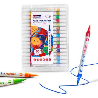 Imagem de SKYGLORY Conjunto de marcadores de acrílico com pincel de 96 cores, canetas marcadoras artísticas de duas cores para pintura, desenho, artesanato (48)