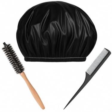 Imagem de Kit Profissional para Cabelo com Touca em PVC, Escova Modeladora e Pente para Pentear, Preto