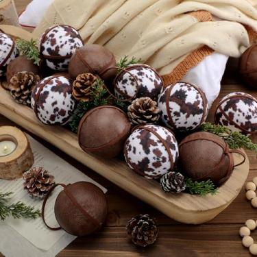 Imagem de DEEKIN 12 peças de enfeites de bola de Natal com estampa de couro bovino 8,5 cm, ornamento ocidental rústico country caubói decoração de Natal para decoração de Natal, árvore de fazenda, férias