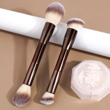 Imagem de 2 pincéis de maquiagem de ponta dupla, cerdas sintéticas macias, para blush, sombra e contorno (café)