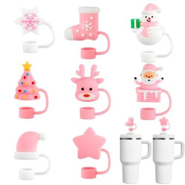 Imagem de 8 peças de topo de palha de Natal para copos Stanley, tampa de palha de árvore de Natal 3D Papai Noel decoração para copos de 30 e 1,134 g com canudos de 10 mm de diâmetro (rosa)