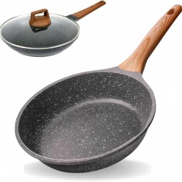 Imagem de Frigideira Antiaderente Grande em Alumínio com Revestimento Cerâmico + Tampa de Vidro Temperado e Cabo de Madeira – Fundo de Indução – Para Fogão a Gás, Elétrico e Indução 28CM