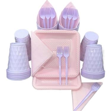 Imagem de Kit Festa Aniversario 180 Itens Candy Descartavel Diamante Premium C/Pratos Copos Garfinho Cor Pastel Azul Rosa Amarelo (Lilás Rosa Candy)