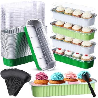 Imagem de Blushtier 540 peças de mini formas de pão com tampas e colheres 193 g formas retangulares de folha de alumínio para assar, mini formas de bolo para sobremesas de pão (cor verde e branca, estilo