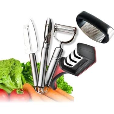 Imagem de Kit 3 Descascadores Inox Legumes E Amolador Faca Afiador Profissional com cabo 3 EM 1