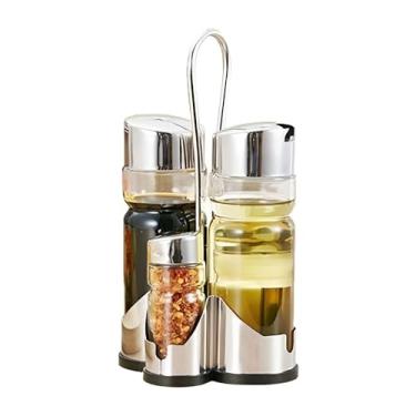 Imagem de Conjunto Galheteiro com 4 Peças Cromado e Frasco de Vidro acompanha Suporte