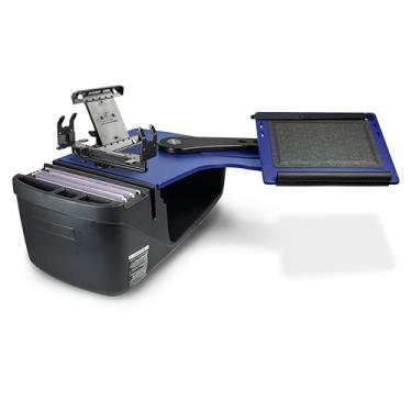 Imagem de AutoExec Alcance o banco traseiro da mesa lado esquerdo para a estação de trabalho do seu veículo e escritório móvel, azul, com suporte de impressora e suporte para tablet