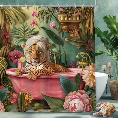 Imagem de Cinbloo Cortina de chuveiro leopardo 60Wx72H rosa choque guepardo vida selvagem na banheira taça de vinho vintage selva animal tropical boho peônia floral conjunto de cortina de banheiro retrô