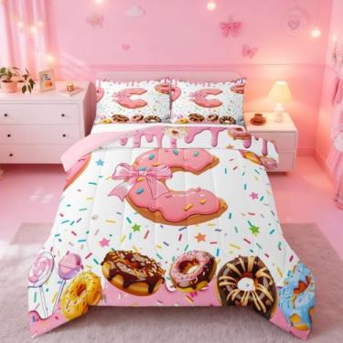 Imagem de Erosebridal Conjunto de edredom Sweet Donut, personalizado, letra C, lindo edredom com laço para meninas, crianças, sonhadora, princesa, nó de borboleta, edredom completo com 2 fronhas