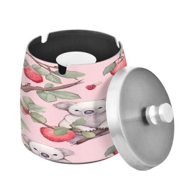 Imagem de Blueangle Cinzeiro pequeno de coala morangos com tampa para cigarros, à prova de vento/chuva, aço inoxidável, sem fumaça, inodoro, cinzeiro para uso interno ou externo (91)