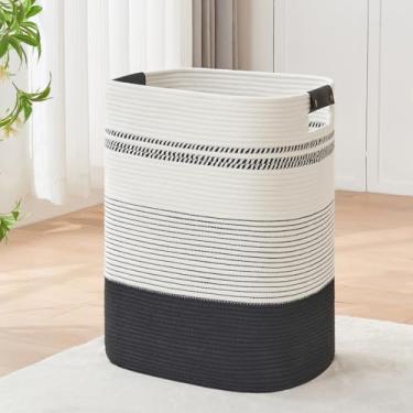 Imagem de DOFASAYI Cesto de lavanderia grande de 85 L com alças de couro, cesta decorativa de armazenamento para cobertores - Cesto de roupas para sala de estar, quarto, preto e branco