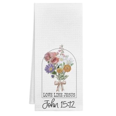 Imagem de Likjad Toalhas de cozinha cristãs florais, presentes religiosos para mulheres cristãs, versículos da Bíblia Love Like Jesus Toalhas de chá decorativas para banheiro cozinha, 40 x 61 cm